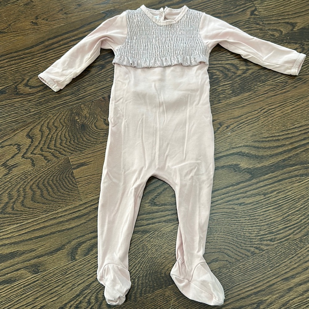 Baby girl footed pink outfit with smocked top